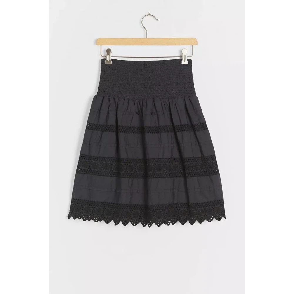 By Anthropologie Anisa Eyelet Mini Skirt Smocked Black Embroidered S NWT 283541